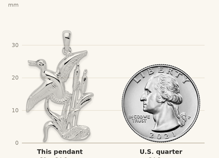 Classique True Size: De-Ani Sterling Silver Rhodium-Plated Polished Duck Flying Over Cattails Pendant shown next to a US quarter (24.3 mm)