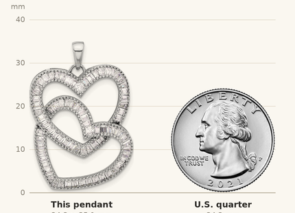 Classique True Size: Sterling Silver Rhodium-plated Intertwined CZ Hearts Pendant shown next to a US quarter (24.3 mm)
