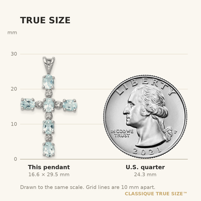 Sterling Silver Rhodium Plated Diamond & Aquamarine Cross Pendant