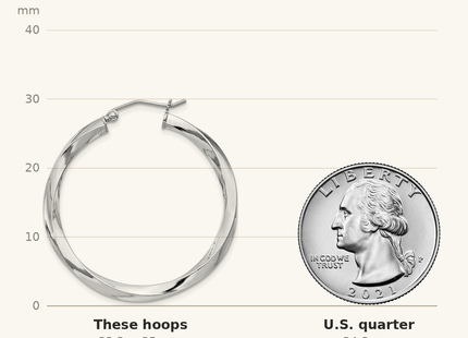 Classique True Size: Sterling Silver Rhodium-plated 3x35mmTwisted Hoop Earrings shown next to a US quarter (24.3 mm)