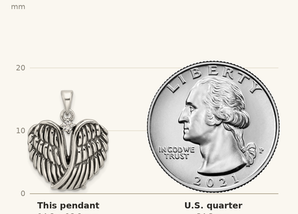 Classique True Size: Sterling Silver Polished and Antiqued CZ Angel Wing Heart Pendant shown next to a US quarter (24.3 mm)