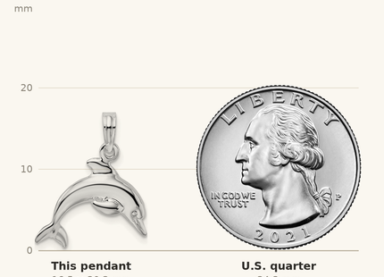 Classique True Size: De-Ani Sterling Silver Rhodium-Plated Polished 3D Jumping Dolphin Pendant shown next to a US quarter (24.3 mm)
