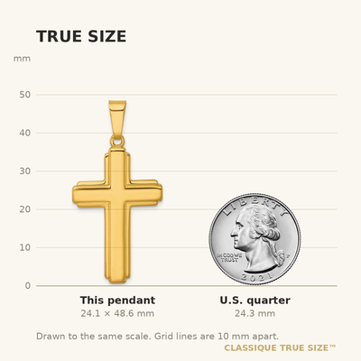 Sterling Silver Gold-tone Polished and Grooved Cross Pendant, 48.6 x 23.9mm
