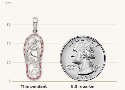 Classique True Size: De-Ani Sterling Silver Rhodium-Plated Enameled LOVE Flip-flop Pendant shown next to a US quarter (24.3 mm)
