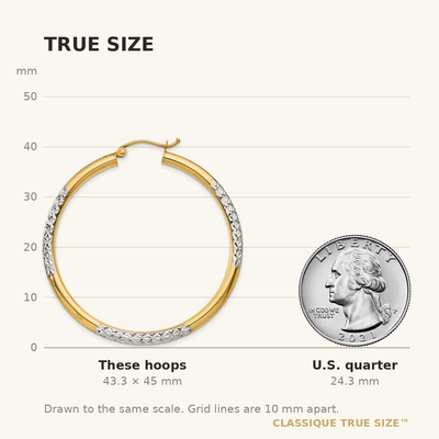 14K and Rhodium Diamond-cut Hoop Earrings, 45 x 3mm