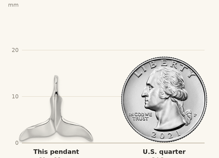 Classique True Size: De-Ani Sterling Silver Rhodium-Plated Polished Whale Tail Pendant shown next to a US quarter (24.3 mm)