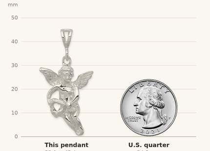 Classique True Size: Sterling Silver Polished & Textured Flying Angel w/Heart Pendant shown next to a US quarter (24.3 mm)