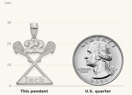 True size: 10k White Gold Personalized Lacrosse Pendant shown next to a US quarter (24.3 mm)