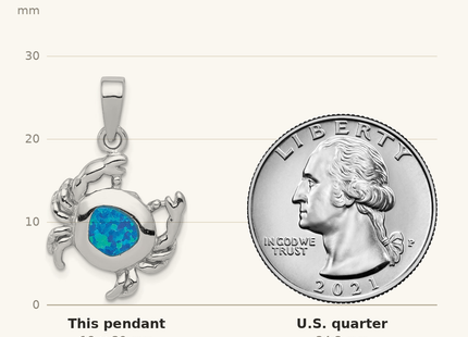Classique True Size: Sterling Silver Rhodium-plated Blue Inlay Created Opal Crab Pendant shown next to a US quarter (24.3 mm)