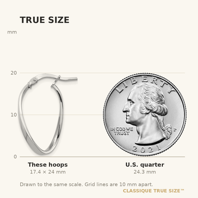 14K White Gold Polished Wavy Hoop Earrings, 24 x 2mm