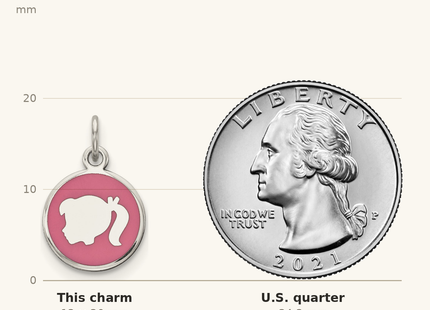 Classique True Size: Sterling Silver Rhod-plate Pink Enamel Left Facing Girl Head Disc Charm shown next to a US quarter (24.3 mm)