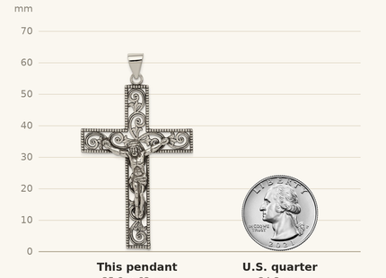 Classique True Size: Sterling Silver Antiqued Beaded Filigree Crucifix Pendant shown next to a US quarter (24.3 mm)