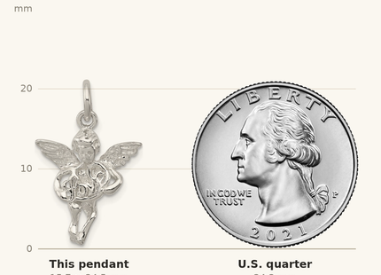 Classique True Size: Sterling Silver Polished & Textured Angel Love Pendant shown next to a US quarter (24.3 mm)
