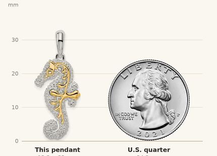 Classique True Size: De-Ani Sterling Silver Rhodium-Plated 3D Large Seahorse with 14k Accent Pendant shown next to a US quarter (24.3 mm)