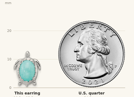 Classique True Size: Sterling Silver Rhodium-plated Amazonite Turtle Post Earrings shown next to a US quarter (24.3 mm)