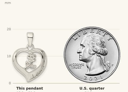 Classique True Size: Sterling Silver Love Heart w/Flower Pendant shown next to a US quarter (24.3 mm)