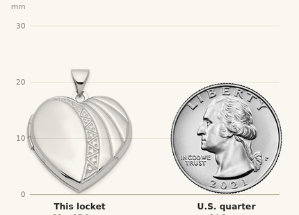 Classique True Size: Sterling Silver Rhodium-plated Textured Heart Locket shown next to a US quarter (24.3 mm)