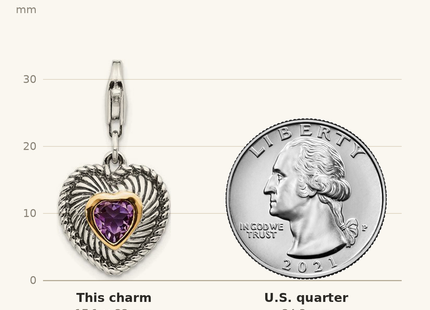 Classique True Size: Shey Couture Sterling Silver with 14K Accent Antiqued Amethyst Antiqued Heart with Lobster Clasp Charm shown next to a US quarter (24.3 mm)