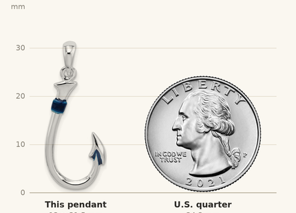 Classique True Size: De-Ani Sterling Silver Rhodium-Plated Polished 3D Enameled Fish Hook Pendant shown next to a US quarter (24.3 mm)