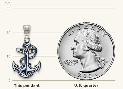 True size: Sterling Silver Rhodium-plated LogoArt US Naval Academy Anchor Large Enameled Pendant shown next to a US quarter (24.3 mm)