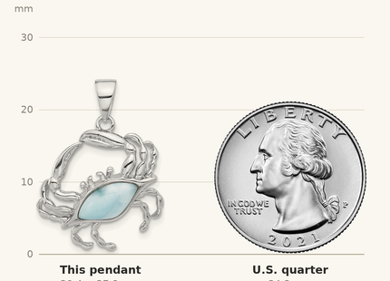 Classique True Size: Sterling Silver Rhodium-plated with Larimar Crab Pendant shown next to a US quarter (24.3 mm)