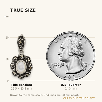 Sterling Silver Antiqued Marcasite and Mother of Pearl Oval Fancy Pendant