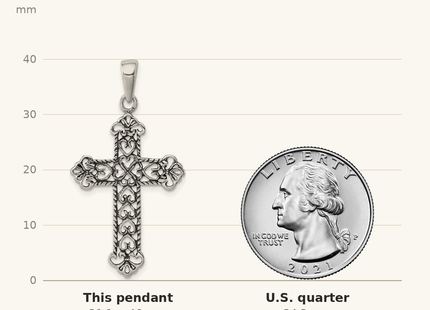 Classique True Size: Sterling Silver Antiqued Fleur de lis Cross Pendant shown next to a US quarter (24.3 mm)