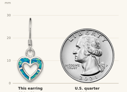 Classique True Size: Sterling Silver RH-plated Blue Created Opal Inlay Heart Dangle Earrings shown next to a US quarter (24.3 mm)