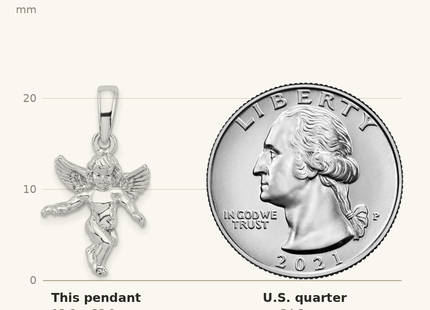 Classique True Size: De-Ani Sterling Silver Rhodium-Plated Polished 3D Guardian Angel Pendant shown next to a US quarter (24.3 mm)