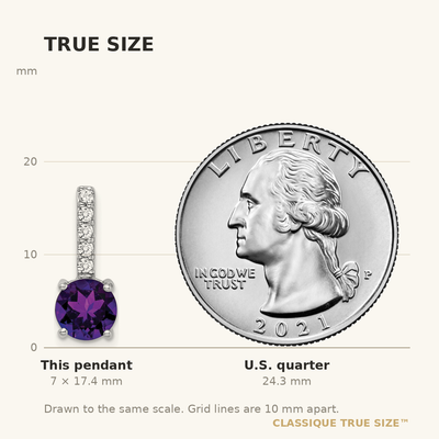 14K White Gold Round Amethyst and Diamond Pendant, 17.4 x 7mm