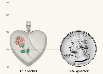 Classique True Size: Sterling Silver Rhodium-plated Satin Enameled & D/C Rose Locket shown next to a US quarter (24.3 mm)