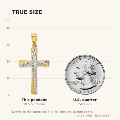 14K w/Rhodium Diamond-Cut Cross Pendant, 37 x 18mm