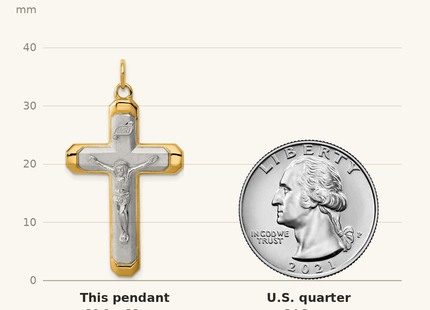 Classique True Size: Sterling Silver Platinum-plated Satin/Polished Vermeil Corpus Cross Pendant shown next to a US quarter (24.3 mm)