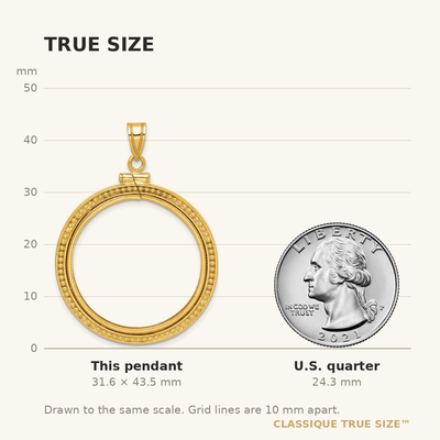 Wideband Distinguished Coin Jewelry 14K Polished and Beaded x Screw Top Coin Bezel Pendant, 43.5 x 32mm