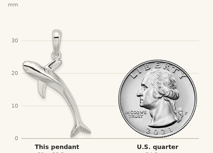 Classique True Size: De-Ani Sterling Silver Rhodium-Plated Polished 3D Blue Shark Pendant shown next to a US quarter (24.3 mm)