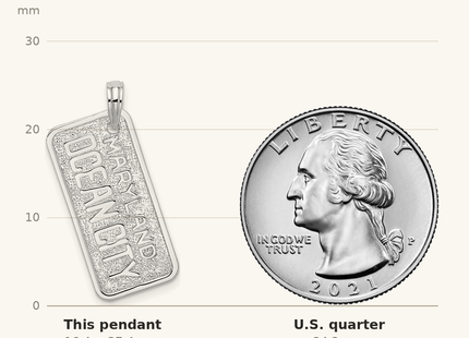 Classique True Size: De-Ani Sterling Silver Rhodium-plated Polished and Textured Ocean City Maryland License Plate Pendant shown next to a US quarter (24.3 mm)