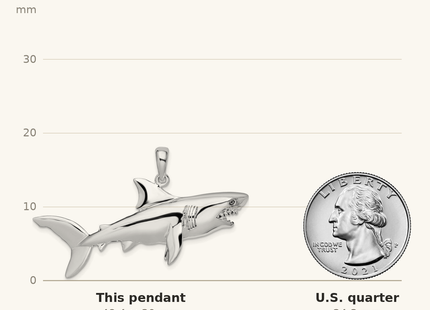 Classique True Size: De-Ani Sterling Silver Rhodium-Plated Polished 3D Shark Pendant shown next to a US quarter (24.3 mm)
