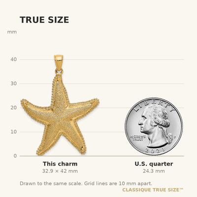 14K Textured Starfish Charm, 42 x 35.8mm