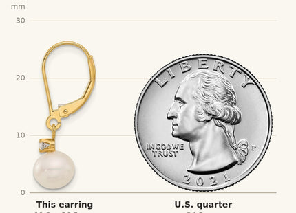 True size: 14k 7- White Round Freshwater Cultured Pearl and .10 Carat Diamond Dangle Leverback Earrings shown next to a US quarter (24.3 mm)