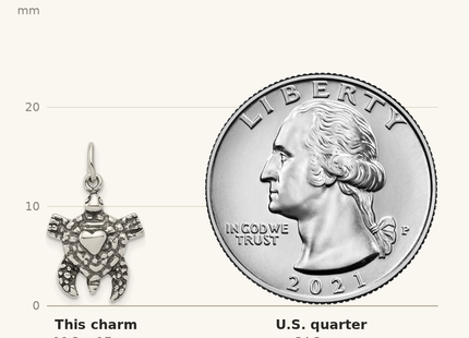 Classique True Size: Sterling Silver Antiqued Sea Turtle Charm shown next to a US quarter (24.3 mm)