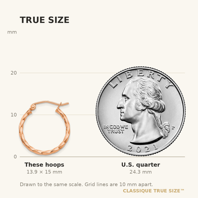 14K Rose Gold Twisted Hoop Earrings, 15 x 2mm