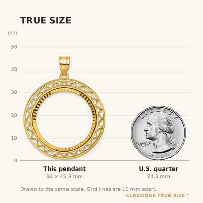 Wideband Distinguished Coin Jewelry 14K Polished and Diamond-cut Fancy Wire Prong Coin Bezel Pendant, 45.85 x 35.5mm