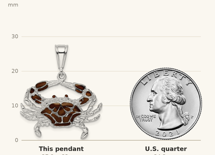 Classique True Size: De-Ani Sterling Silver Rhodium-Plated Polished Enameled Brown Crab Pendant shown next to a US quarter (24.3 mm)