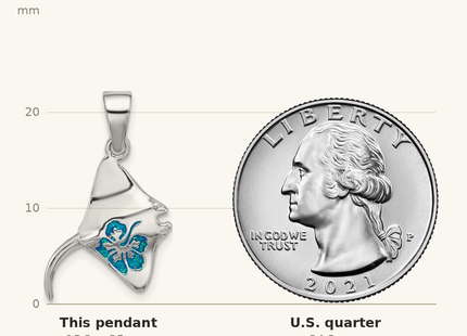 Classique True Size: Sterling Silver Rhodium-plated Polished Blue Enamel Stingray Pendant shown next to a US quarter (24.3 mm)