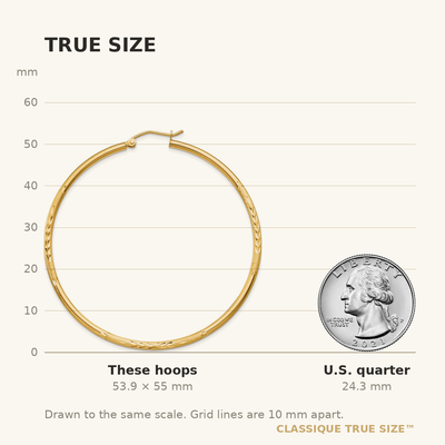 14K Satin and Diamond-cut Round Tube Hoop Earrings, 55 x 2mm