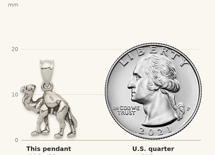 Classique True Size: Sterling Silver Antiqued 3-D Camel Reversible Pendant shown next to a US quarter (24.3 mm)