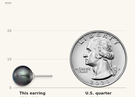 Classique True Size: Sterling Silver Rhodium-plated 9- Black Round Freshwater Cultured Pearl Post Earring shown next to a US quarter (24.3 mm)