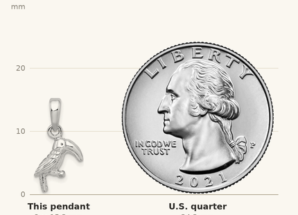 Classique True Size: De-Ani Sterling Silver Rhodium-plated Polished 3D Toucan Bird Pendant shown next to a US quarter (24.3 mm)