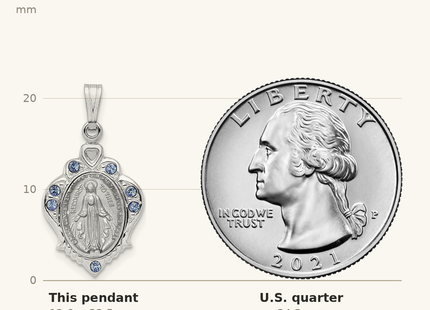 Classique True Size: Sterling Silver Platinum-plated Polished Miraculous Blue CZ Pendant shown next to a US quarter (24.3 mm)