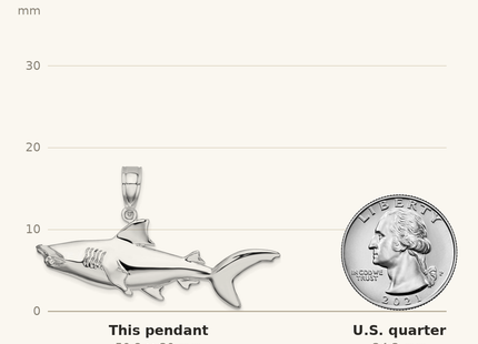 Classique True Size: De-Ani Sterling Silver Rhodium-Plated Polished 3D Hammer Head Shark Pendant shown next to a US quarter (24.3 mm)